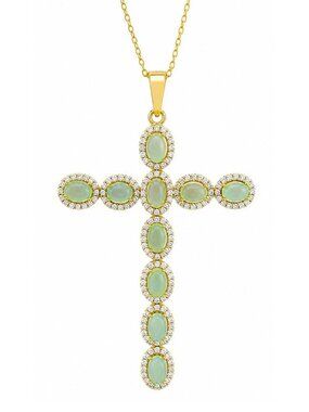 Genuine 4.50 Cts Opal & W/Sapphire Cross Pendant Necklace 14k Gold Plated (.925)
